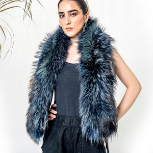 Blue & Black Fox Fur Stole: Vintage-Inspired Real Fur Wrap