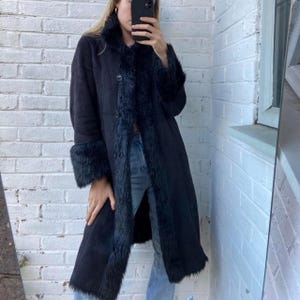 70s Black Suede Afghan Coat: Genuine Fur Trim, Penny Lane Style
