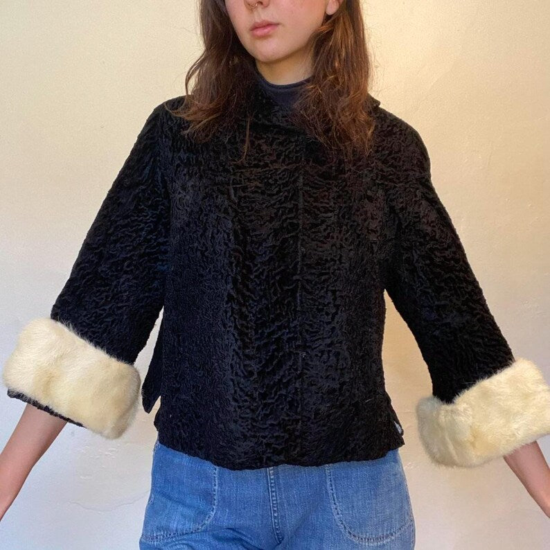 Vintage Black Astrakhan Fur Jacket: Mink Cuffs, Persian Lamb Overcoat