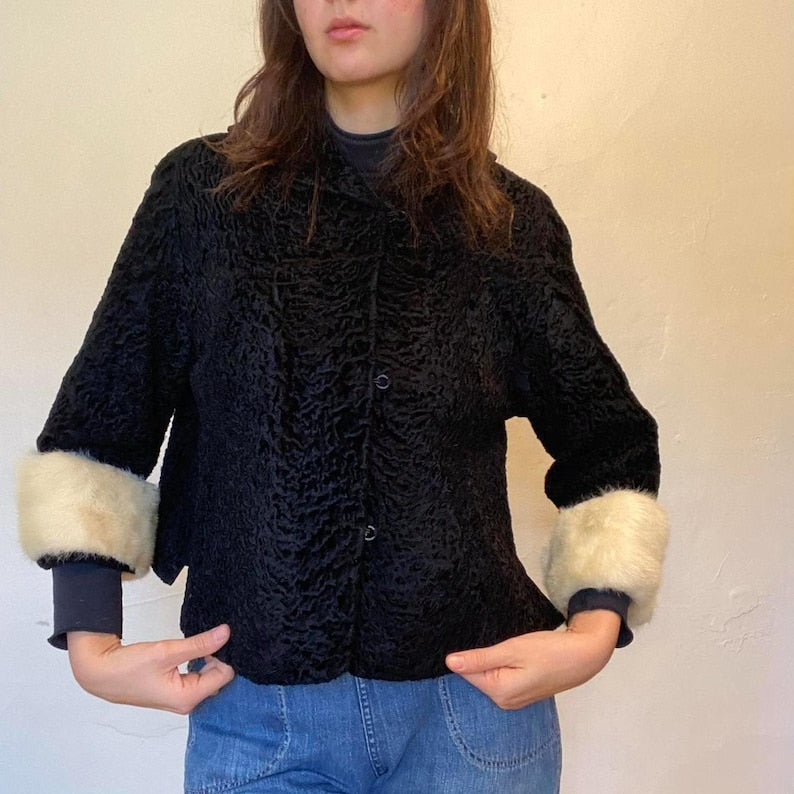 Vintage Black Astrakhan Fur Jacket: Mink Cuffs, Persian Lamb Overcoat