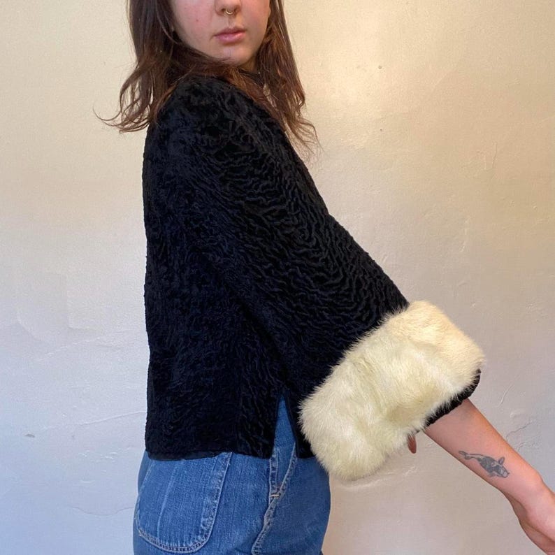 Vintage Black Astrakhan Fur Jacket: Mink Cuffs, Persian Lamb Overcoat