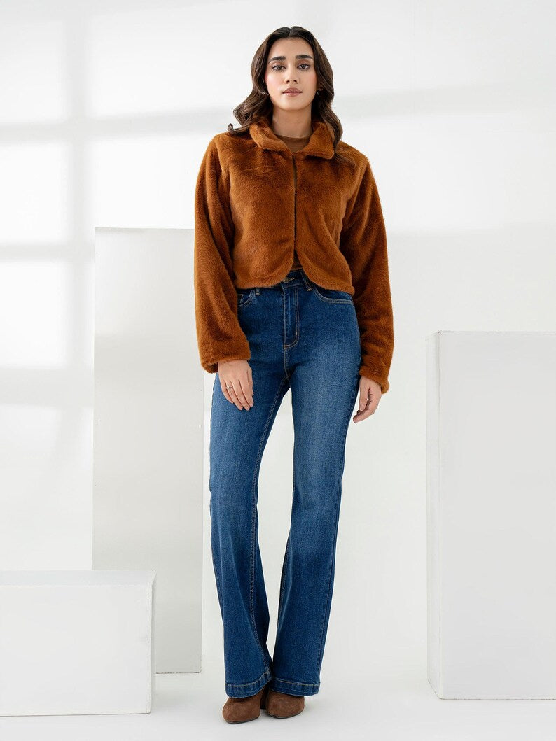 Brown Faux Mink Fur Cropped Jacket: Elegant Women's Coat