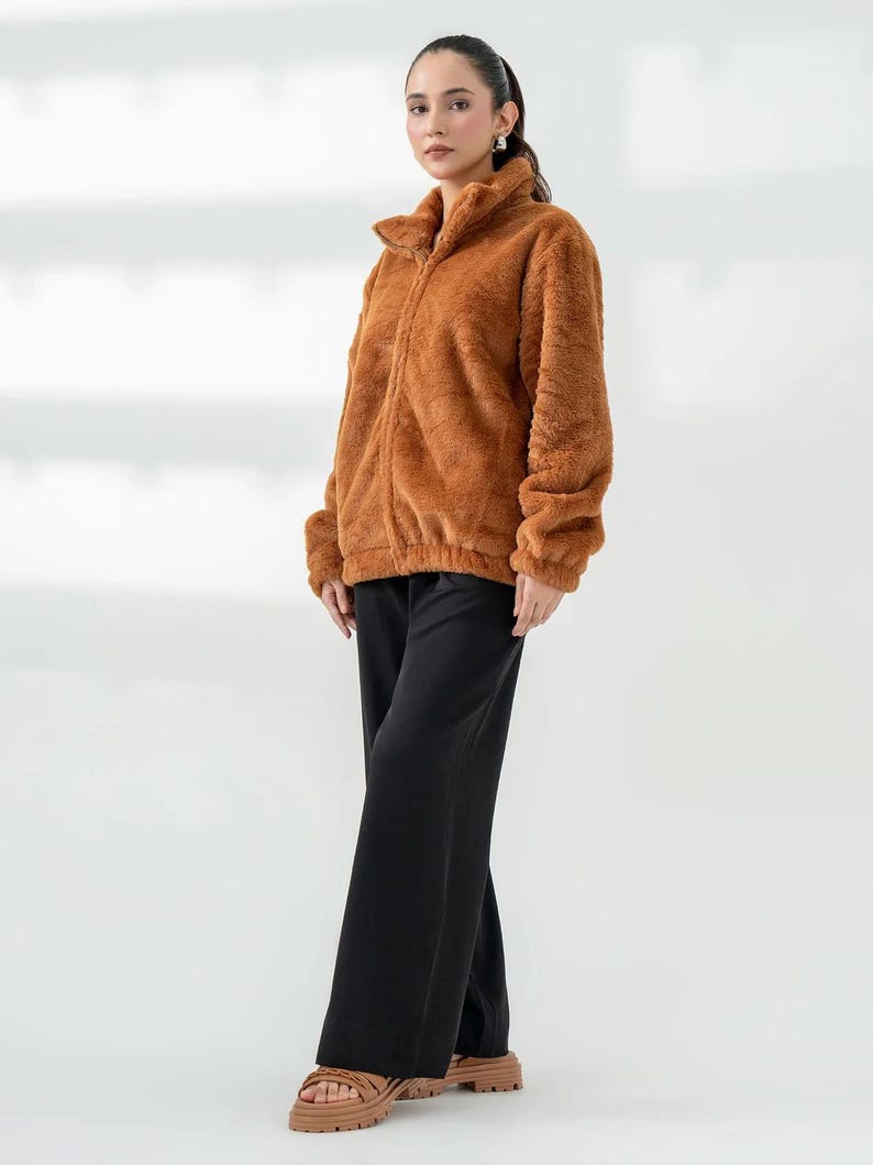 Caramel Brown Faux Fur High-Neck Jacket: Cozy Winter Outerwear