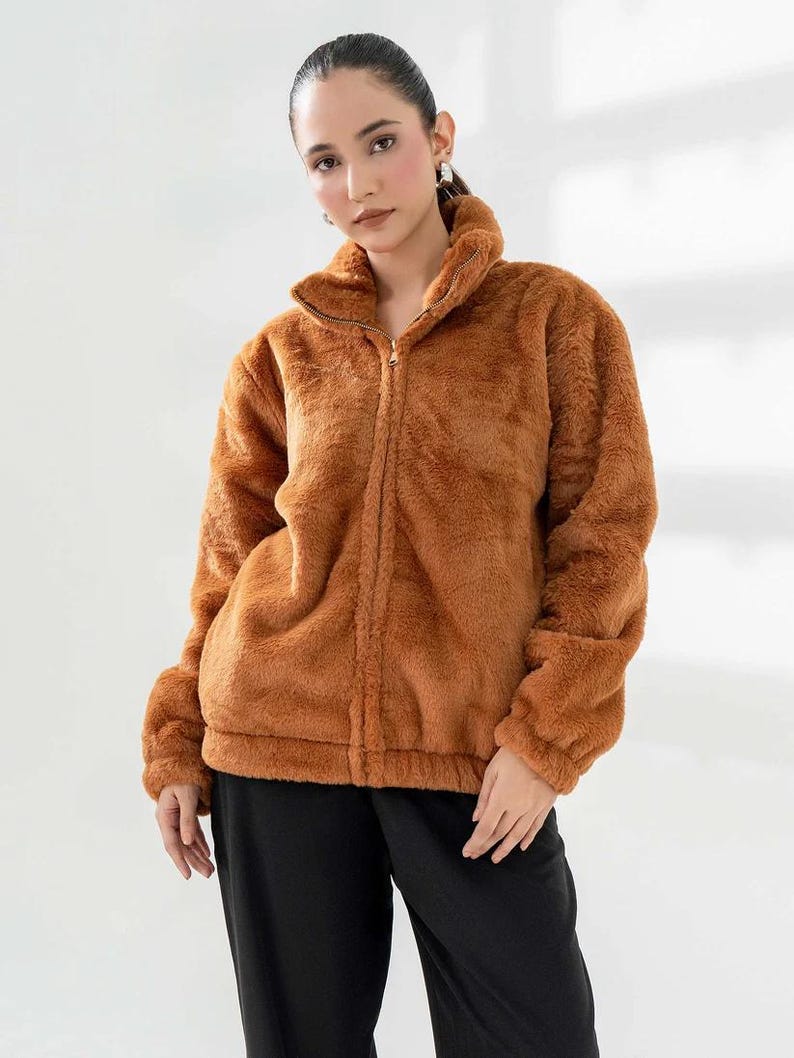 Caramel Brown Faux Fur High-Neck Jacket: Cozy Winter Outerwear