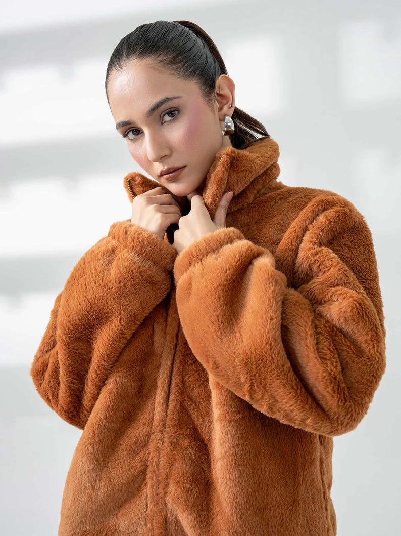 Caramel Brown Faux Fur High-Neck Jacket: Cozy Winter Outerwear