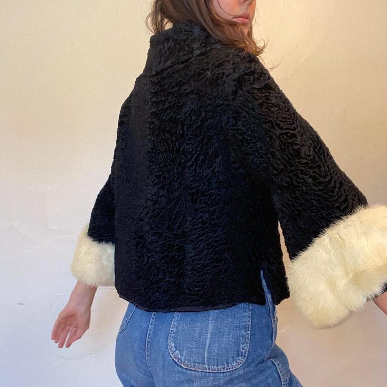 Vintage Black Astrakhan Fur Jacket: Mink Cuffs, Persian Lamb Overcoat
