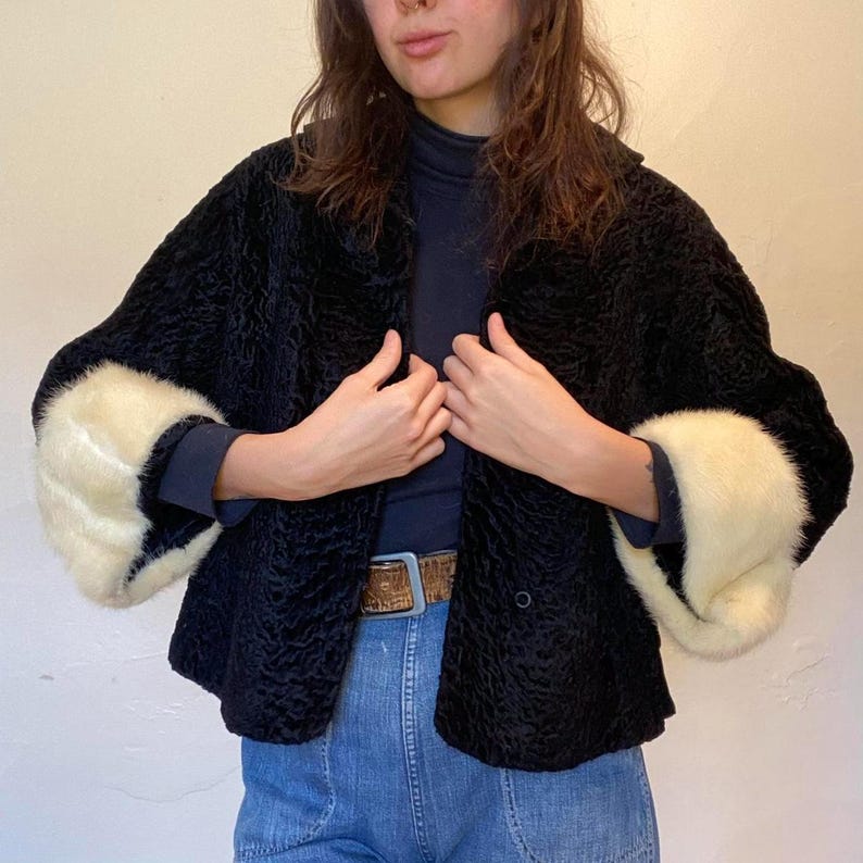 Vintage Black Astrakhan Fur Jacket: Mink Cuffs, Persian Lamb Overcoat