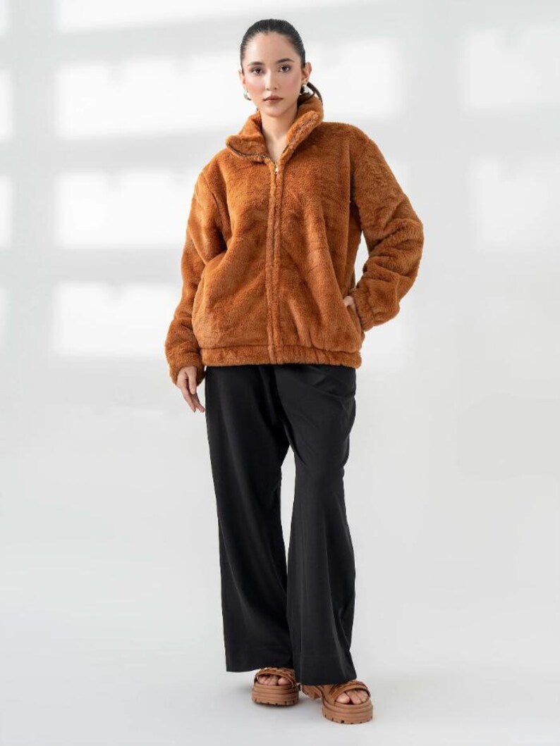 Caramel Brown Faux Fur High-Neck Jacket: Cozy Winter Outerwear