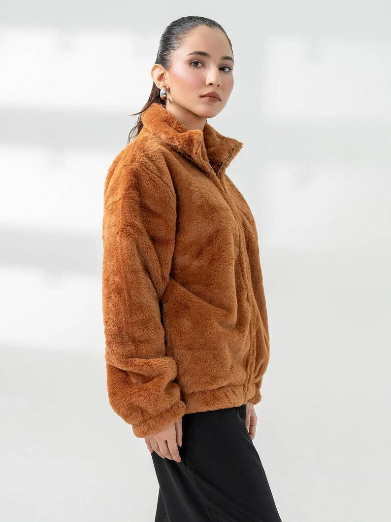 Caramel Brown Faux Fur High-Neck Jacket: Cozy Winter Outerwear