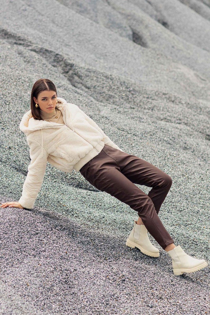 Cream Faux Fur Cropped Hoodie Jacket - Women's Plush Winter Coat