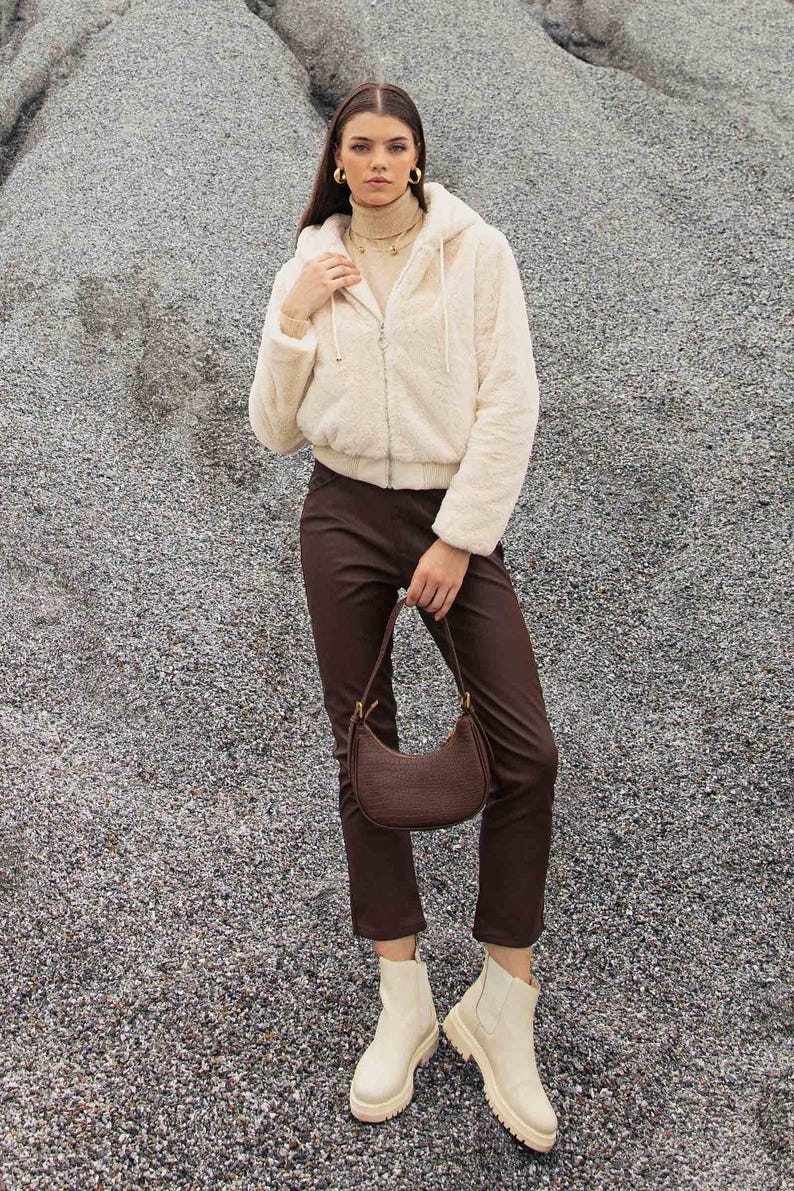 Cream Faux Fur Cropped Hoodie Jacket - Women's Plush Winter Coat