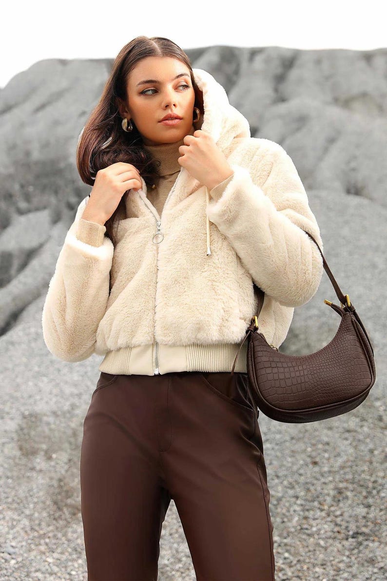 Cream Faux Fur Cropped Hoodie Jacket - Women's Plush Winter Coat