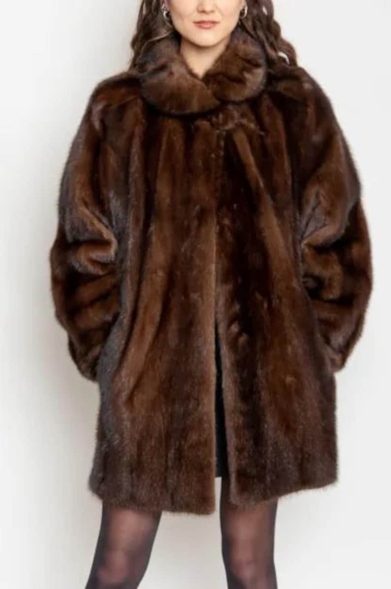 Genuine Dark Brown Mink Fur Coat - Mid Length Luxury Winter Outerwear