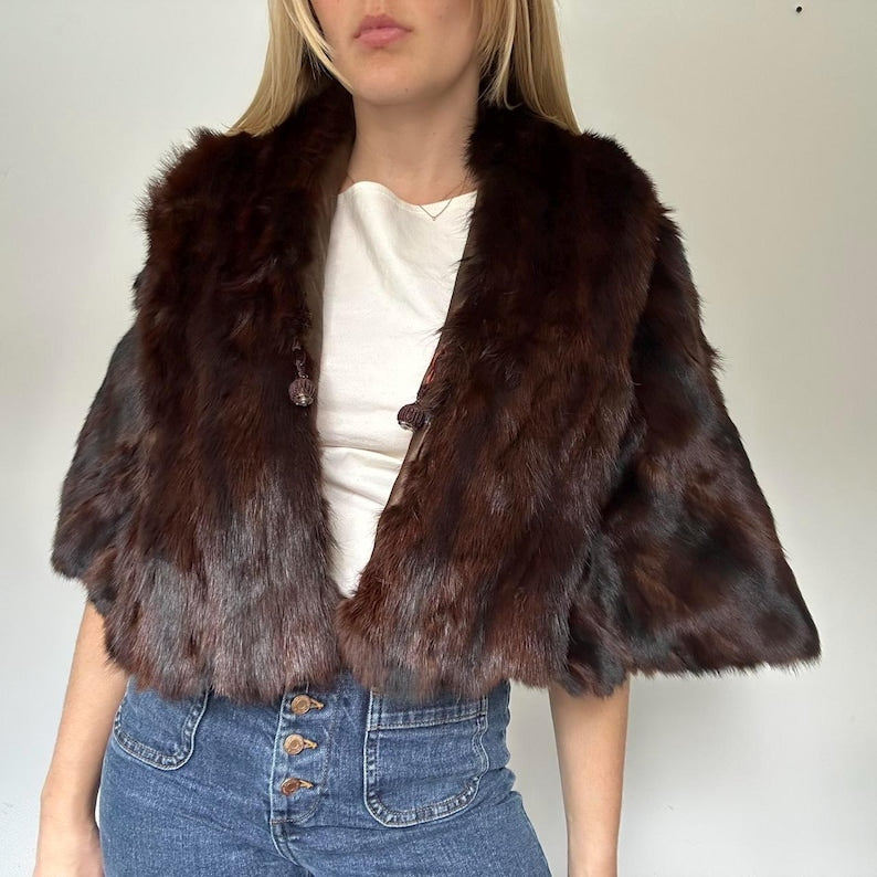 Luxury Mink Fur Stole: Dark Brown Satin-Lined Capelet