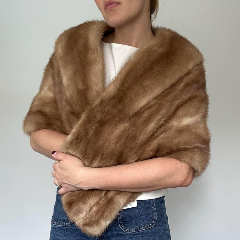 Vintage Real Mink Fur Stole – Luxurious Light Brown Cape Shawl For Women