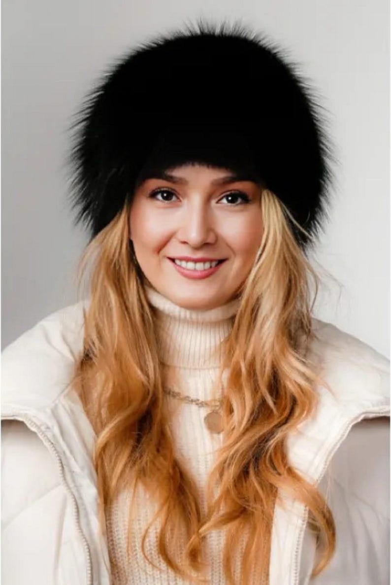 Genuine Black Fox Fur Hat – Russian Style Vintage Fur Cap for Women | Real Fur Winter Hat | Luxury Ushanka Hat | Cold Weather Fashion