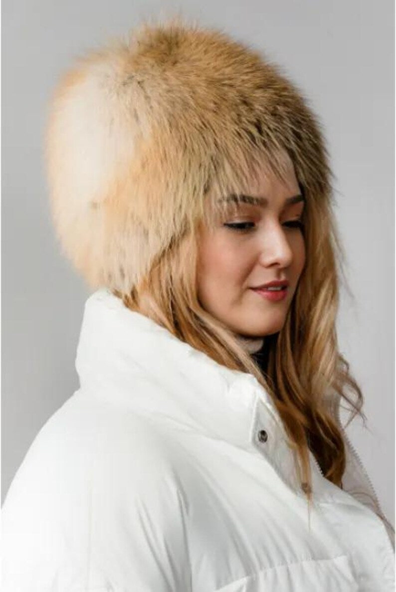 Luxurious Women’s Real Fox Fur Hat – Natural Golden Brown Russian Cossack Style Winter Hat | Genuine Fur Ushanka for Cold Weather Elegance