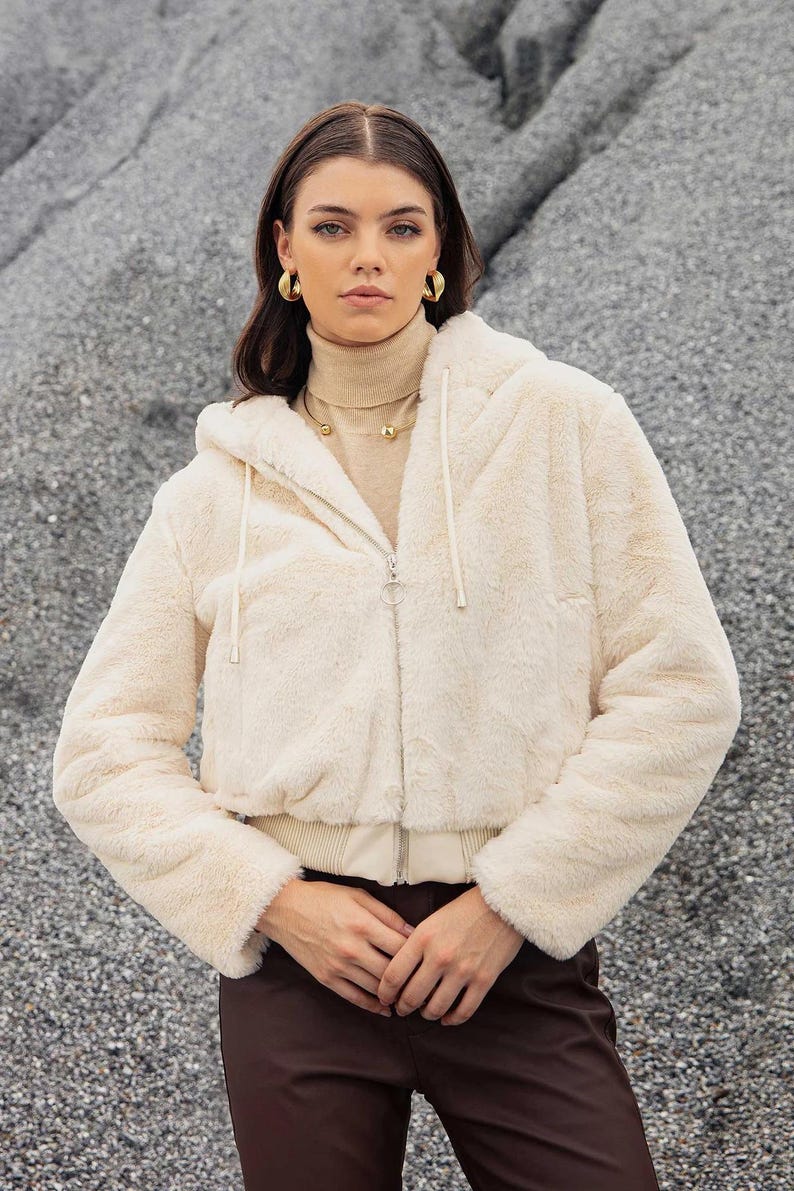 Cream Faux Fur Cropped Hoodie Jacket - Women's Plush Winter Coat