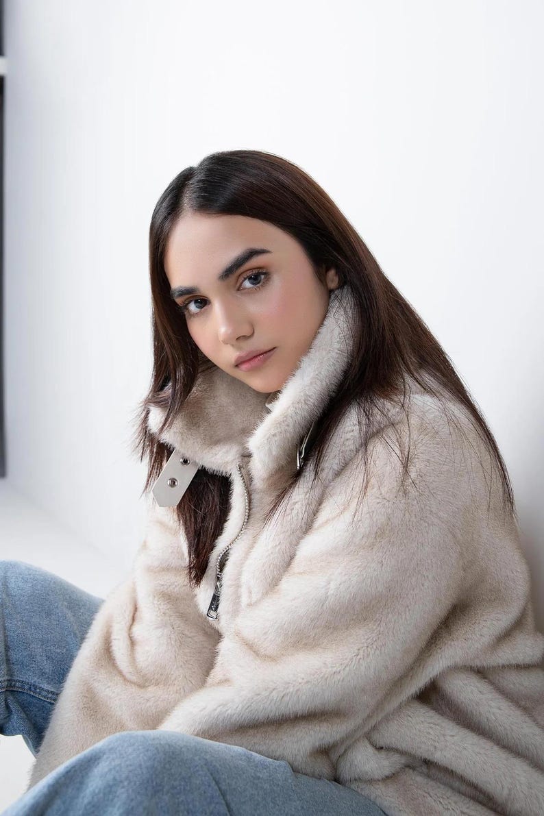 Cream Faux Fur Jacket for Women – Cozy Winter Coat, Chic Streetwear Outerwear, Vegan Friendly