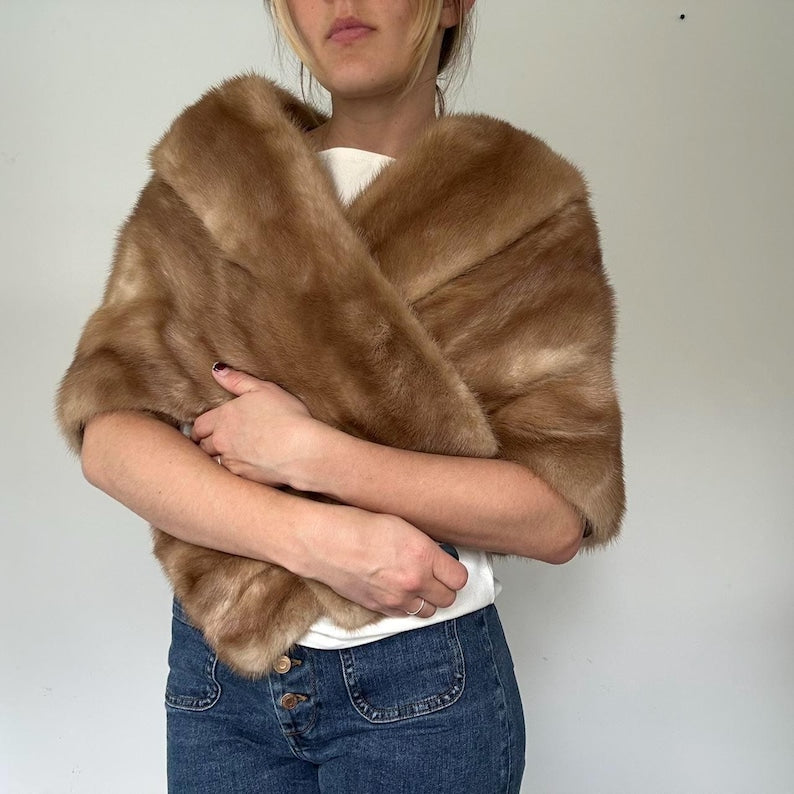 Vintage Real Mink Fur Stole – Luxurious Light Brown Cape Shawl For Women
