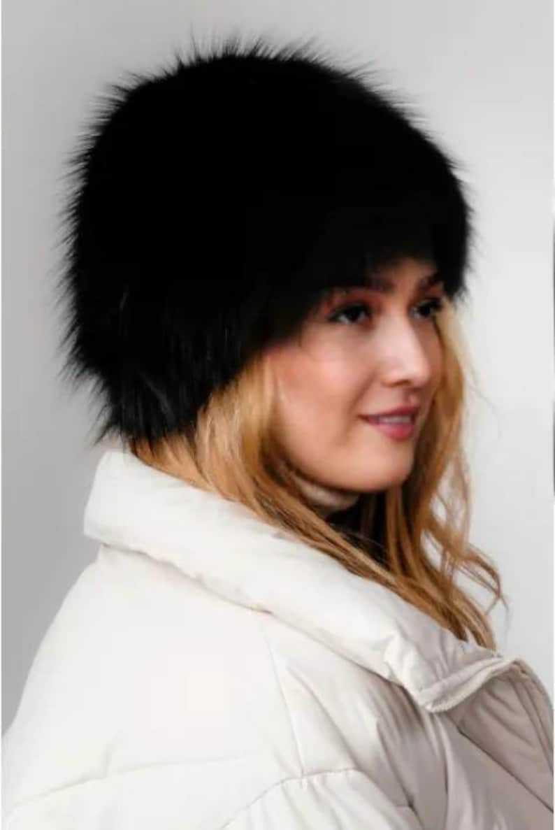 Genuine Black Fox Fur Hat – Russian Style Vintage Fur Cap for Women | Real Fur Winter Hat | Luxury Ushanka Hat | Cold Weather Fashion
