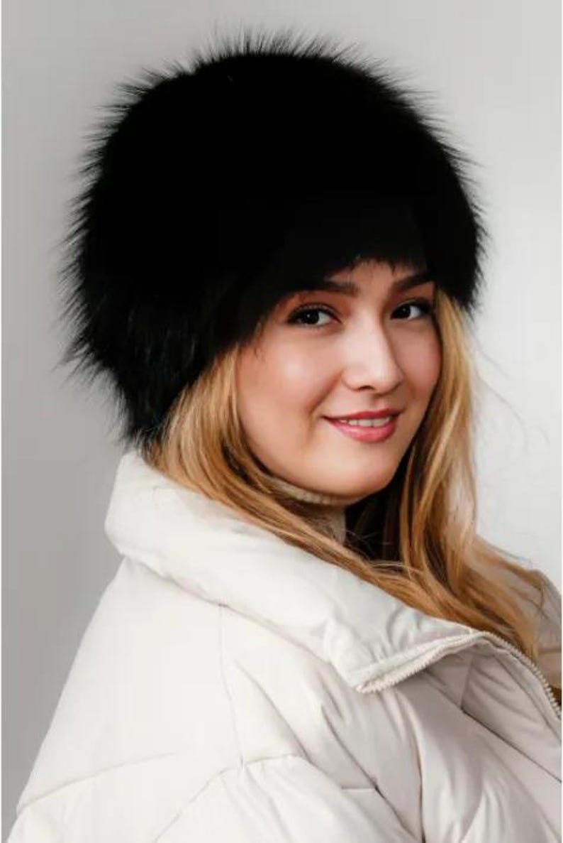 Genuine Black Fox Fur Hat – Russian Style Vintage Fur Cap for Women | Real Fur Winter Hat | Luxury Ushanka Hat | Cold Weather Fashion
