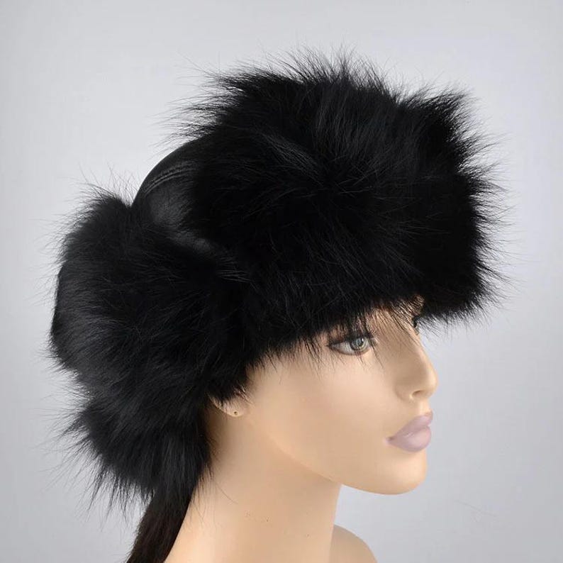 Women Black Fox Fur Trapper Hat | Genuine Fox Fur Ushanka Hat | Russian Style Winter Hat with Ear Flaps | Cold Weather Fur Hat