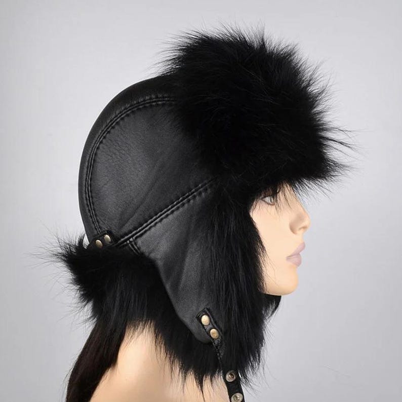 Women Black Fox Fur Trapper Hat | Genuine Fox Fur Ushanka Hat | Russian Style Winter Hat with Ear Flaps | Cold Weather Fur Hat