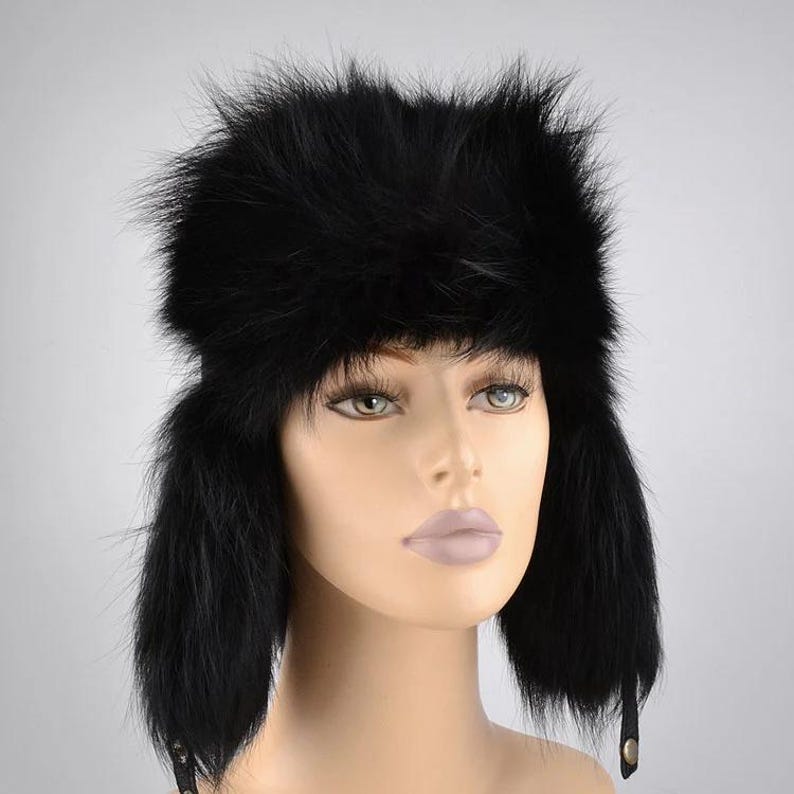 Women Black Fox Fur Trapper Hat | Genuine Fox Fur Ushanka Hat | Russian Style Winter Hat with Ear Flaps | Cold Weather Fur Hat