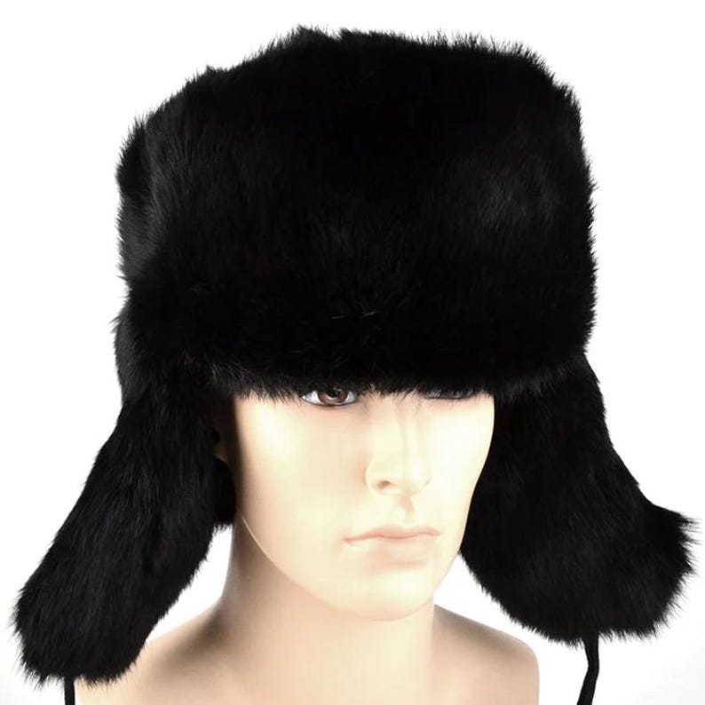 Luxury Black Rabbit Fur Trapper Hat – Authentic Russian Ushanka Style | Unisex Winter Fur Hat for Cold | Natural Fur Hat
