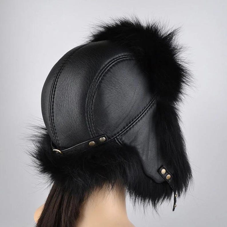 Women Black Fox Fur Trapper Hat | Genuine Fox Fur Ushanka Hat | Russian Style Winter Hat with Ear Flaps | Cold Weather Fur Hat