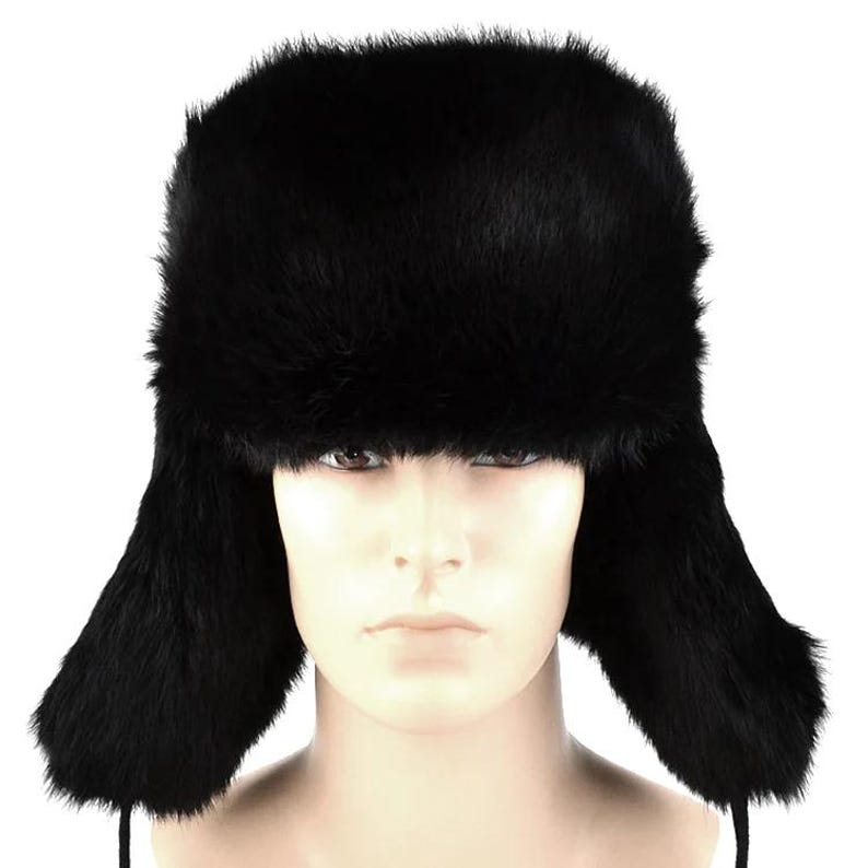 Luxury Black Rabbit Fur Trapper Hat – Authentic Russian Ushanka Style | Unisex Winter Fur Hat for Cold | Natural Fur Hat