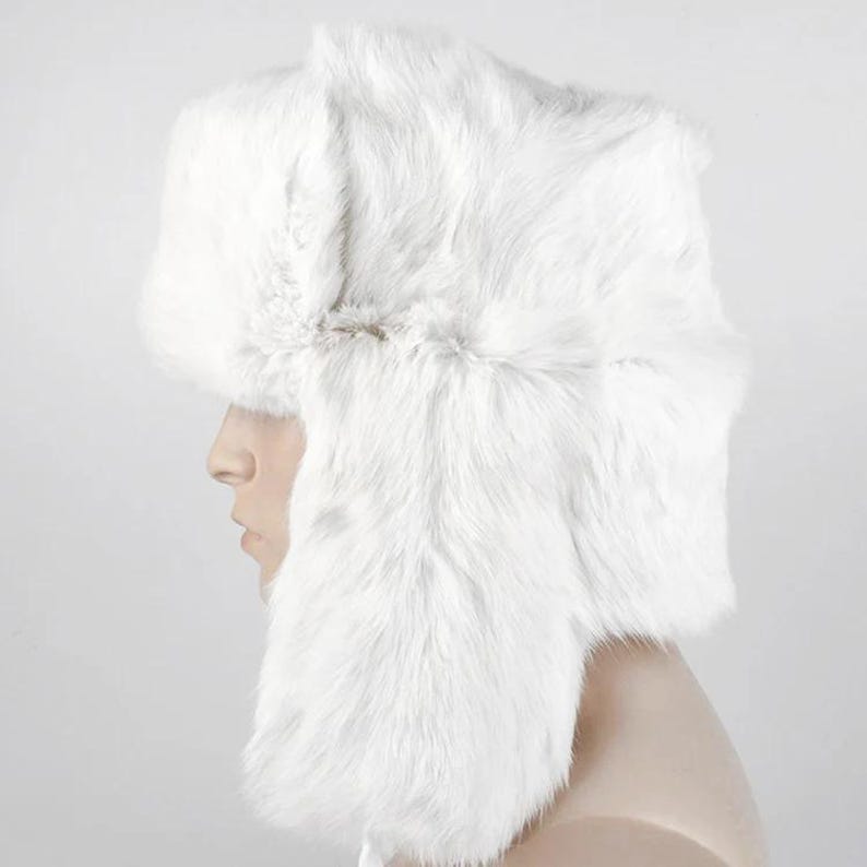 Luxurious White Rabbit Fur Hat – Authentic Russian Ushanka Style | Natural Fur Winter Trapper Hat for Men & Women