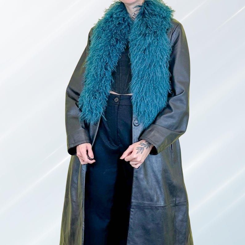 Teal Mongolian Lamb Fur Collar: Handmade Boho Winter Scarf