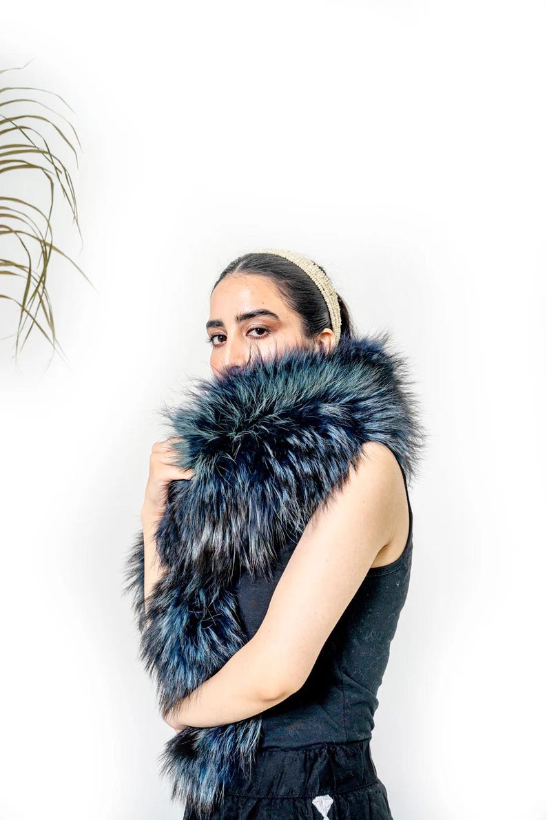 Blue & Black Fox Fur Stole: Vintage-Inspired Real Fur Wrap