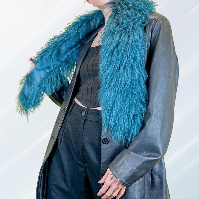 Teal Mongolian Lamb Fur Collar: Handmade Boho Winter Scarf