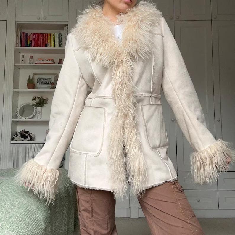 Vintage 70s Afghan Coat: Mongolian Fur Trim, White Suede Sheepskin