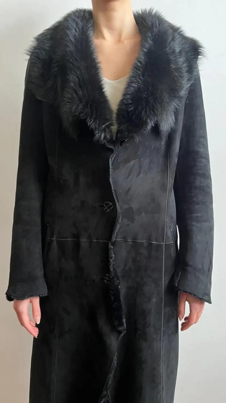 Vintage Black Suede Shearling Coat: Fox Fur Collar, 70s Afghan Style