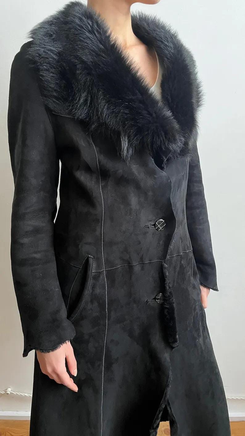 Vintage Black Suede Shearling Coat: Fox Fur Collar, 70s Afghan Style