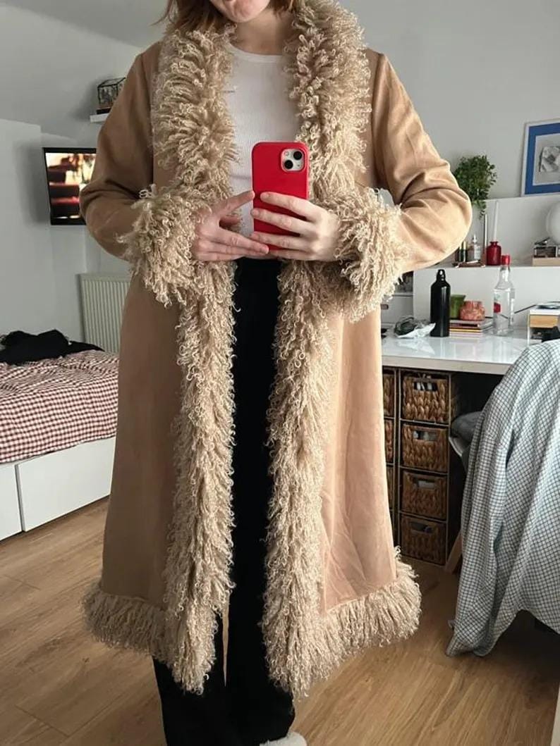 Handmade 70s Mongolian Fur Trimmed Suede Coat: Penny Lane Afghan Style