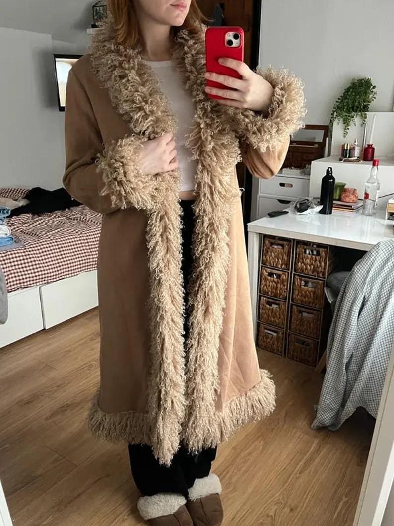 Handmade 70s Mongolian Fur Trimmed Suede Coat: Penny Lane Afghan Style