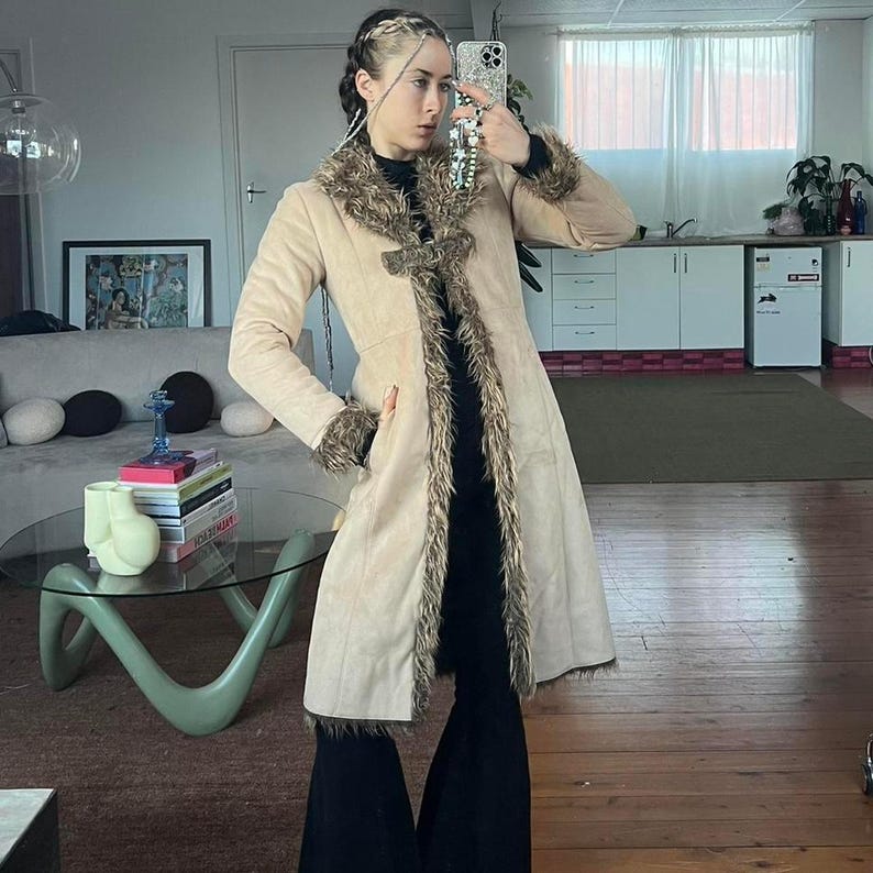 Penny Lane Suede Shearling Coat: 70s Bohemian Fur Trim Winter Coat
