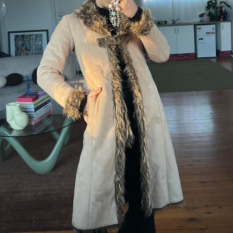 Penny Lane Suede Shearling Coat: 70s Bohemian Fur Trim Winter Coat