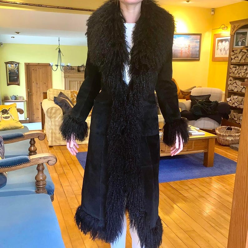 Penny Lane Mongolian Shearling Coat: 1970s Suede Leather Afghan Style