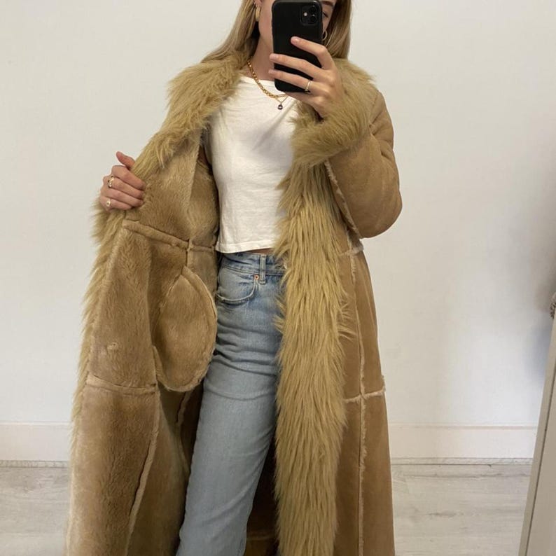 70s Penny Lane Coat: Handmade Suede & Shearling Afghan Fur Trim