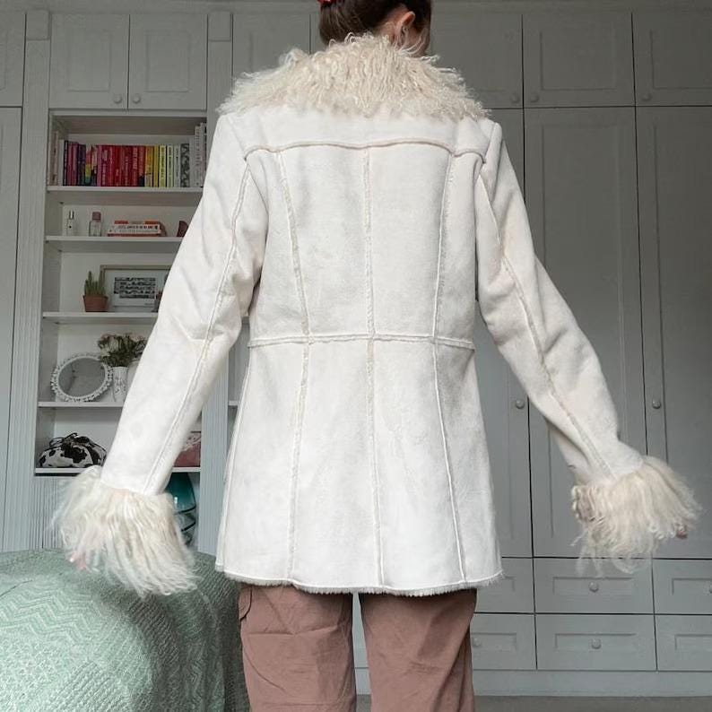 Vintage 70s Afghan Coat: Mongolian Fur Trim, White Suede Sheepskin