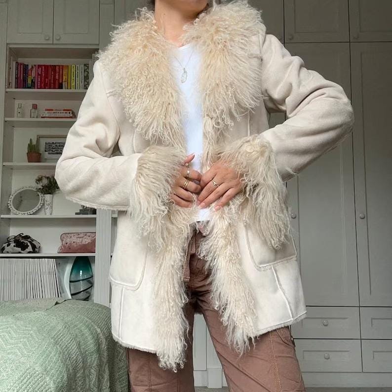 Vintage 70s Afghan Coat: Mongolian Fur Trim, White Suede Sheepskin