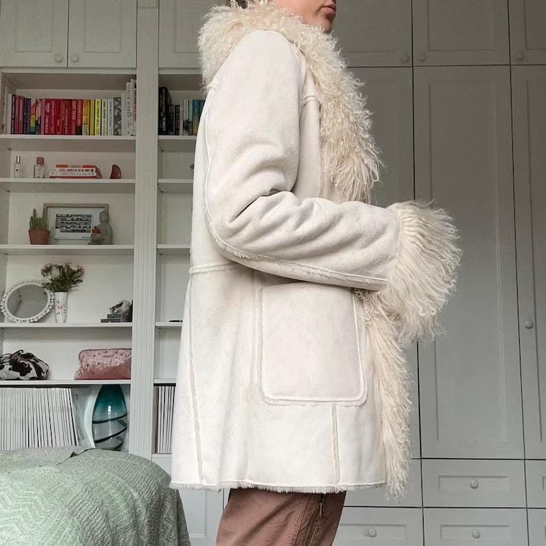 Vintage 70s Afghan Coat: Mongolian Fur Trim, White Suede Sheepskin