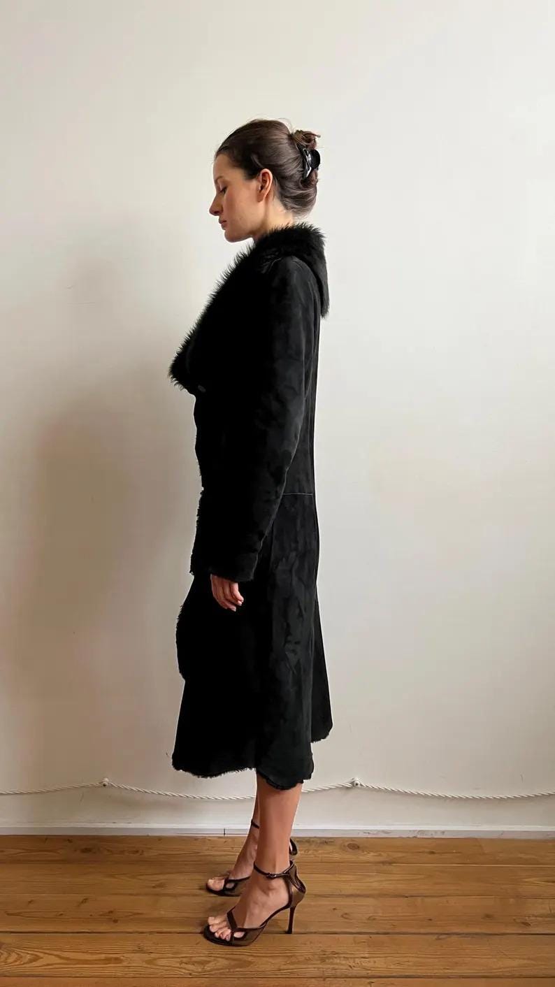 Vintage Black Suede Shearling Coat: Fox Fur Collar, 70s Afghan Style