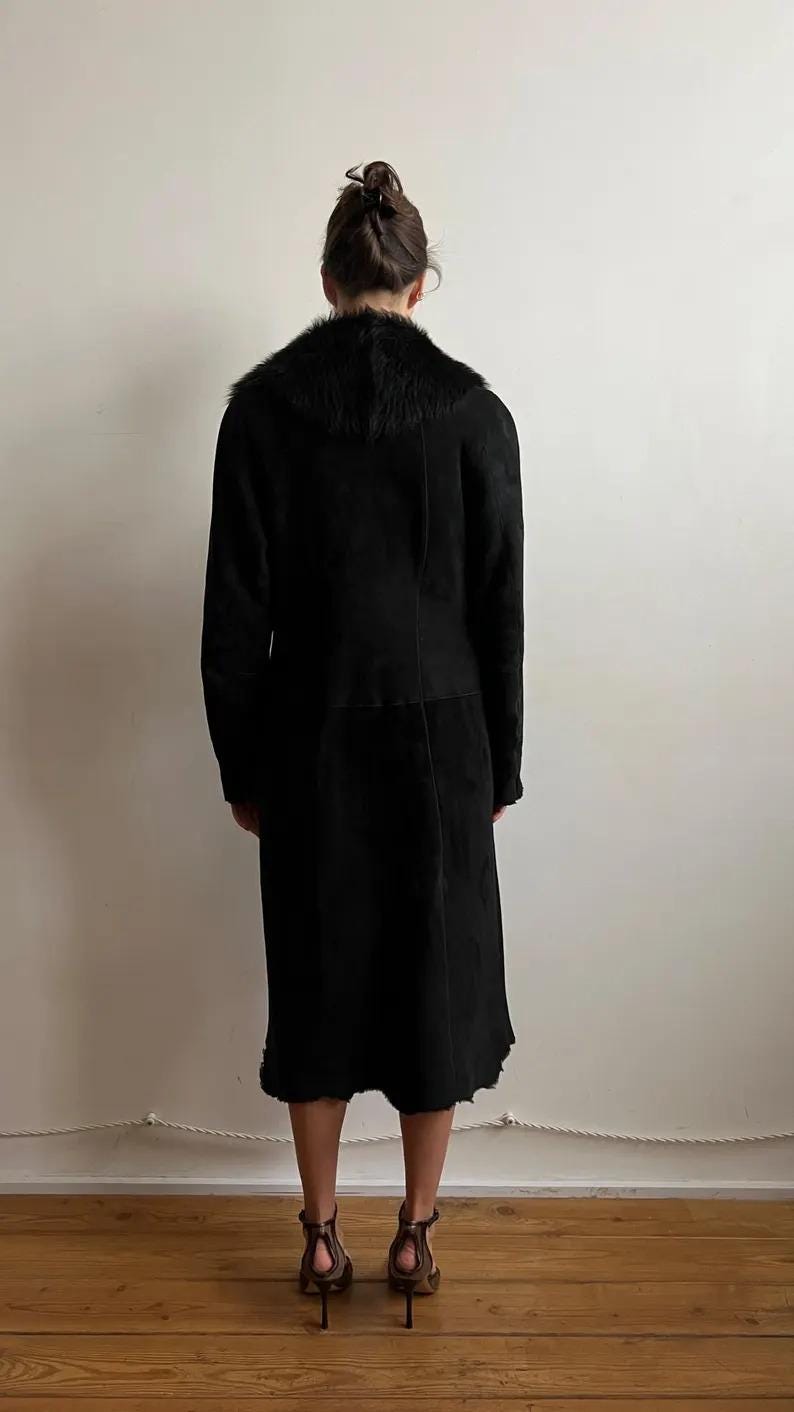 Vintage Black Suede Shearling Coat: Fox Fur Collar, 70s Afghan Style